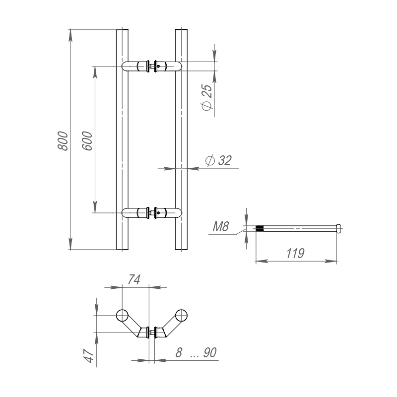 INOX 304 PULL.45 d32/800мм нержавейка